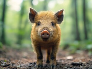 Poster - A boar is captured standing within a forest with a background full of fresh green leaves, emphasizing the lush environment and natural habitat of the wild creature.
