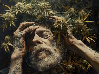 Canvas Print - Old Man Surrounded by Cannabis Plants: A Portrait of Time and Experience