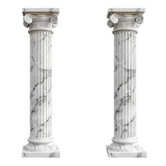 Two classic marble columns with elegant capitals and fluted shafts standing tall against a white background, evoking timeless elegance and grandeur