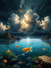 Sticker - Fantasy background with sea, clouds, and a goldfish.