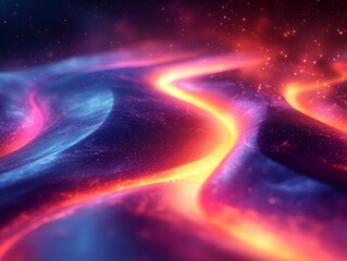 Poster - A mesmerizing image of glowing neon waves undulating across a surreal, abstract landscape in hues of pink, purple, and orange, creating a sense of movement and fantasy.