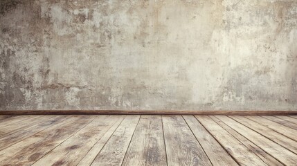 Poster - An expansive view showcasing a rustic wooden floor and a weathered concrete wall, ideal for use in creative projects or as a unique interior design setting