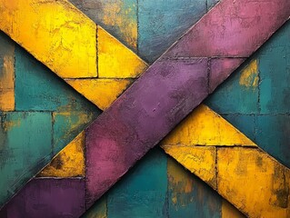 Poster - This image showcases a collection of colorful geometric blocks in shades of purple, yellow, and turquoise arranged in a striking and textured pattern on a modern abstract canvas.