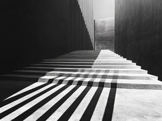 Fototapete - A set of concrete steps with dramatic light and shadow patterns creating a striking and minimalist geometric design in a stark architectural space.