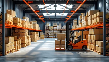 Indoor warehouse storage with pallet boxes and forklifts in a three-dimensional rendering, showcasing the logistics and distribution industry dynamics