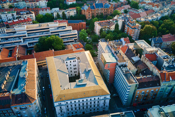 Wall Mural - Panoramic view Budapest cityscape with rooftops. Aerial view of capital of Hungary with residential buildings and city streets