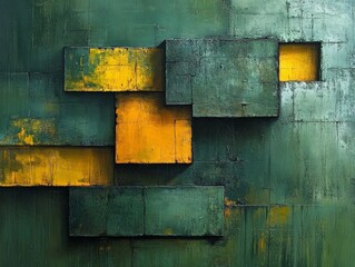 Poster - An abstract representation of green and yellow blocks arranged in varying levels, showcasing a structured yet artistic design that plays with depth and dimension.