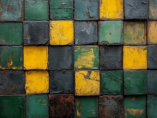 Aufkleber - This image features a grid pattern composed of weathered green and yellow blocks, creating a rustic and artistic texture that speaks to history and aged beauty.