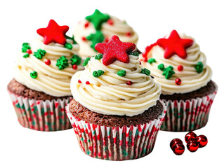 Set of Christmas cupcakes with colorful frosting and festive decorations, isolated on white. PNG transparent.