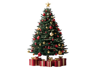 Wall Mural - Beautifully decorated Christmas tree with red and gold ornaments and gifts underneath. PNG transparent.