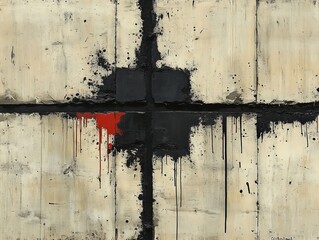 Poster - Abstract painting featuring bold geometric shapes with a dominant black cross intersected by vibrant red drips on a textured beige background conveying tension and contrast.