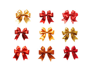 Wall Mural - Red and gold gift bows in a row, shiny and festive, isolated on a white background. PNG transparent.