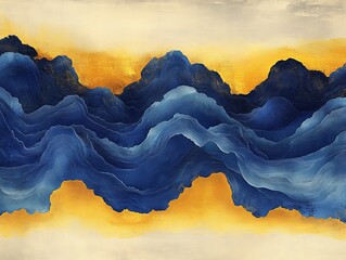 Poster - An enchanting image depicting blue waves contrasted against a golden background, producing a visually stunning piece perfect for modern decorative or artistic designs.