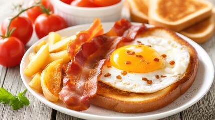 A hearty breakfast platter showcases crispy bacon, a perfectly cooked sunny-side up egg, golden toast, and vibrant cherry tomatoes, creating a wholesome start to the day