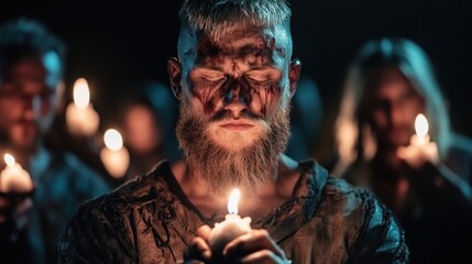 A group of people participates in a solemn ritual, each holding a flickering candle in a dimly lit environment, highlighting their focused expressions and traditional garb