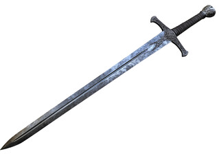 Medieval longsword with a steel blade and decorative hilt, isolated on white.  PNG transparent.