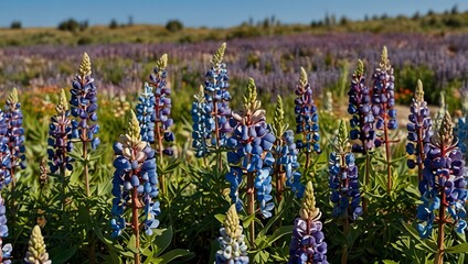 Wall Mural - Field of blue and purple lupins with a clear blue sky.