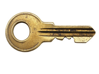 Shiny golden key isolated on a white background, showing its teeth and circular head.  PNG transparent.