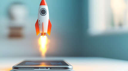 Rocket taking off from a smartphone screen symbolizing the concept of business startups and technology-driven innovation