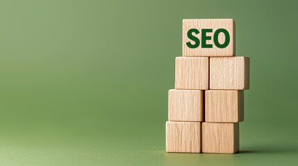 Wall Mural - A stack of wooden blocks displaying the word SEO, symbolizing digital marketing and optimization strategies on a green background.