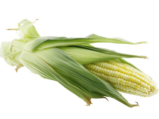 Fresh corn on the cob with green husks, isolated on white background.  PNG transparent.