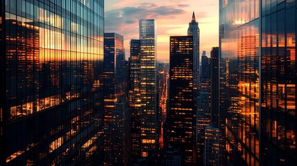 Wall Mural - A panoramic view of a cityscape at sunset, with towering skyscrapers reflecting the golden light of the sky.