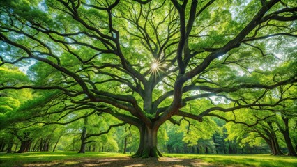 Wall Mural - Lush green canopy of an oak tree in the forest