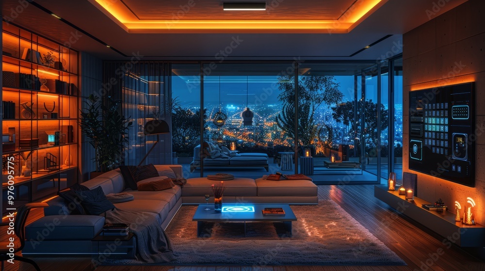 A modern home interior with smart technology, featuring an interactive ...