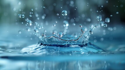 A stunning capture of clear blue water splashing, showcasing the beauty and vitality of moving water droplets. 