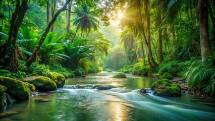 Serene stream flowing through lush tropical forest