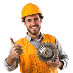 A mechanical engineer pointing at an imaginary machine part with a confident smile. isolated on transparency background