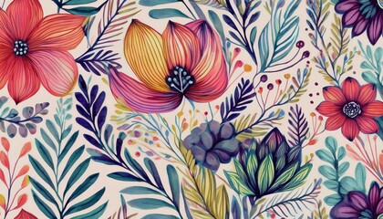  floral seamless pattern with drawing watercolor abstract flowers and plants