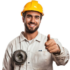 A mechanical engineer pointing at an imaginary machine part with a confident smile. isolated on transparency background