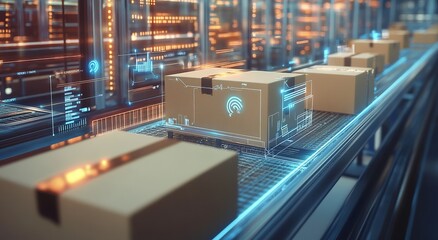 Smart warehouse management system using augmented reality technology to identify package picking and delivery . Future concept of supply chain and logistic business	
