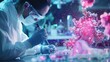 © Sweettymojidesign - Scientist working in a laboratory with vibrant molecular structures, focusing on research and innovation in science.