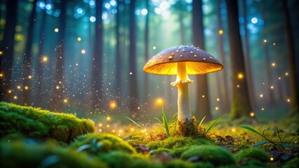 Wall Mural - Glowing mushroom surrounded by fireflies in an enchanting forest