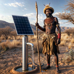 a man in traditional African attire standing in front of a solar panel and a water spigot.