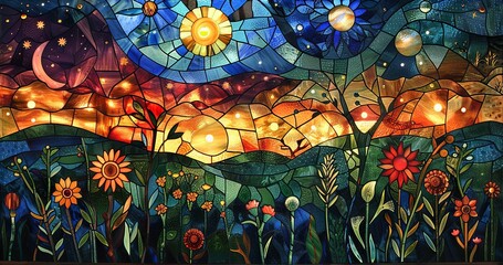 Wall Mural - A colorful stained glass window depicting a field of flowers and a sunset