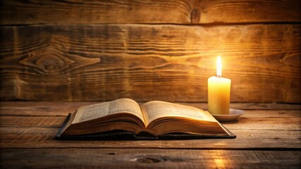 A bible laying on a wooden table illuminated by the warm light of a candle