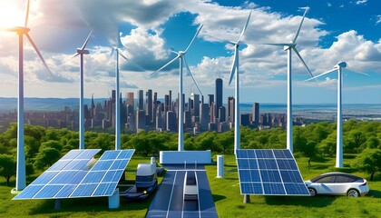 Futuristic vision of electric cars charging amidst solar panels, wind turbines, and a vibrant cityscape, showcasing a sustainable energy future.