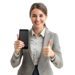 A social media manager holding a smartphone and giving a thumbs-up with a cheerful smile. isolated on transparency background