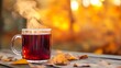 © fivan - A clear mug of mulled wine steaming gently, resting on a wooden surface, with autumn foliage in vibrant orange and yellow tones in the background