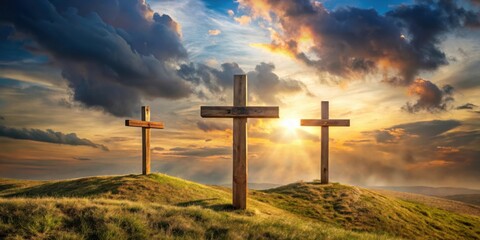 Three wooden crosses on a hill