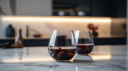 A modern scene with mulled wine served in a simple clear glass, placed on a marble countertop, with a minimalist urban apartment in the background