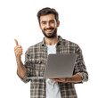 © Wattana - A web developer holding a laptop, smiling while pointing at the screen. isolated on transparency background