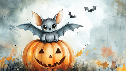 Wall Mural - Cute Little Bat Sitting On Halloween Pumpkin Watercolor Illustration For Childrens Book Adorable Character Halloween Pumpkin Kids Storybook Spooky Theme