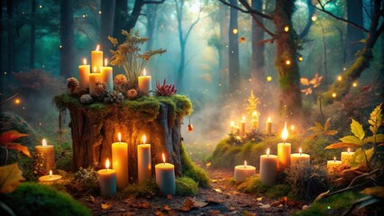 Mystical night forest with enchanting candles and fairy creatures during a magical witchcraft ritual in the fall season