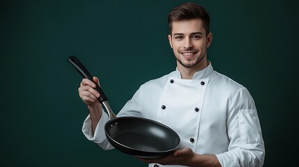 A smiling young chef in a white uniform holds up a frying pan against a green background.