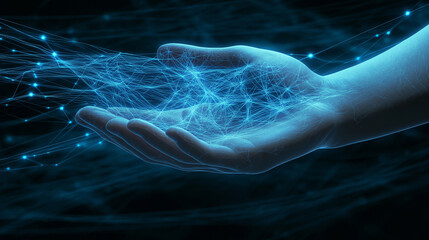 Wall Mural - Digital glowing hand made of particles extending outward in a futuristic environment.