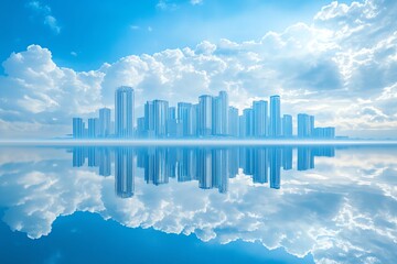 A stunning view of a modern city skyline reflecting on calm water under a bright blue sky filled with fluffy clouds.